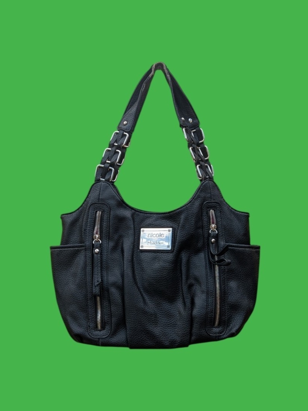 Nicole Black Pebbled Shoulder Tote with Chain-Link Straps
